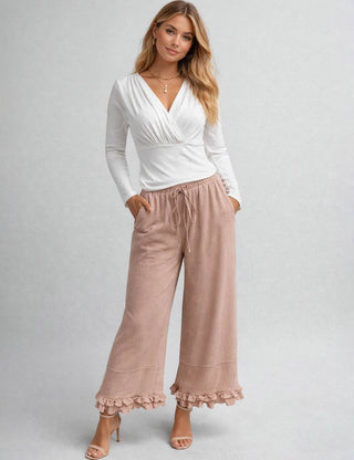 Elastic Waist Drawstring Ruffle Hem Wide Leg Pants