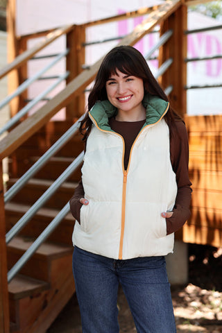 Puffer Vest – Reversible Quilted Puffer Vest- Olive/Cream