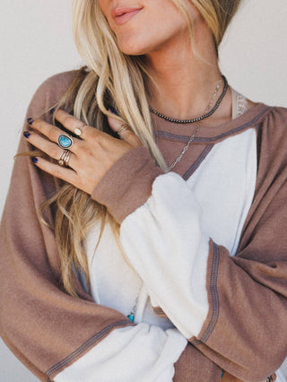 Jules Contrast Pullover Top - Off White Mocha