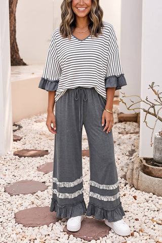 Stripe Ruffle Contrast Sleeve Drawstring Pants Set