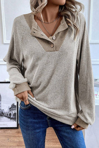 Ribbed Contrast Panel Loose Fit Long Sleeve Top