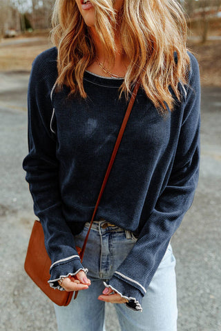 Womens Waffle Knit Long Sleeve Top Casual Crew Neck Tee