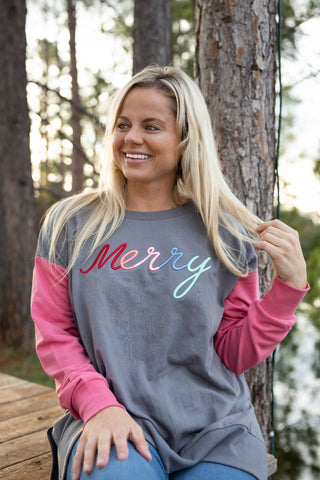 Merry 3D Embroidered Sweatshirt in Grey/Vintage Red