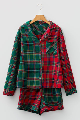 Plaid Patchwork Top and Shorts Pajama Set