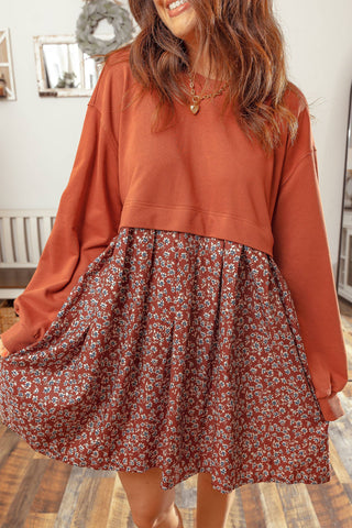 Solid Top Patchwork Floral Flared 2-in-1 Mini Dress