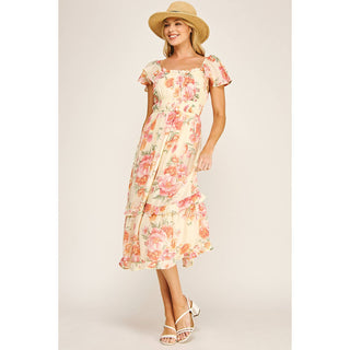 FLUTTER SLEEVE FLORAL TIERED MIDI DRESS