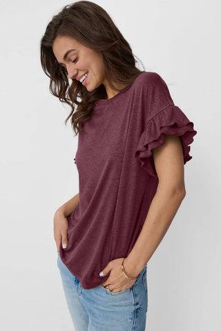 SOLID COLOR ROUND NECK RUFFLE SLEEVE TOP