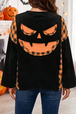 Halloween Pumpkin Face Plaid Patchwork Long Sleeve Top