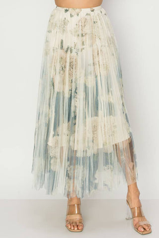Chic Lined Pleated Tulle Midi Skirt With Elastic Waist