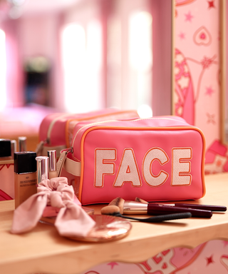 Handle Cosmetic Bag – 'Face' Embroidered – Pink/Orange/Cream