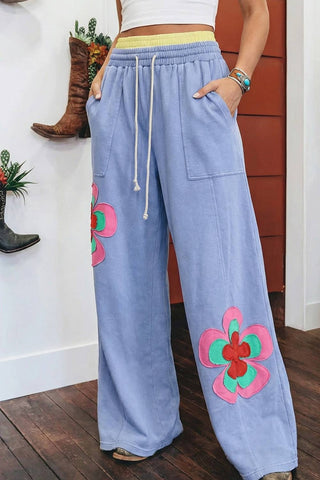 Flower Patched Drawstring Contrasted Elastic Waist Pants