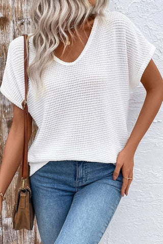 WHITE V-NECK HOLLOW SHORT-SLEEVED T-SHIRT TOP
