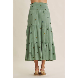 SUNSET FIELD EMBROIDERED COTTON GAUZE SMOCKED MIDI SKIRTS