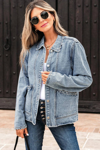 Scallop Trim Denim Jacket with Patched Pockets