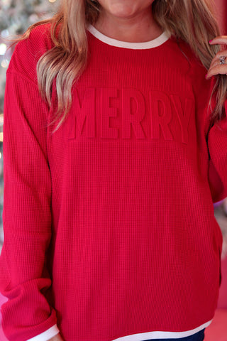 MERRY Embossed Waffle Pullover (Red/Cream)