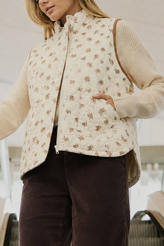 FLORAL QUILTED ZIP-FRONT MOCK NECK VEST