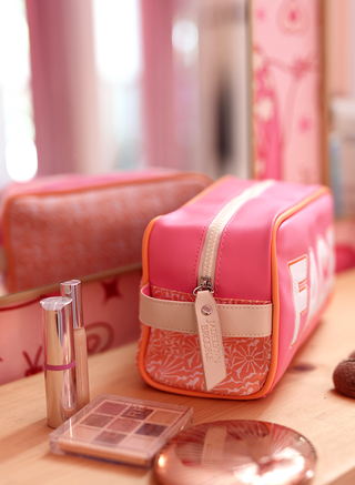 Handle Cosmetic Bag – 'Face' Embroidered – Pink/Orange/Cream
