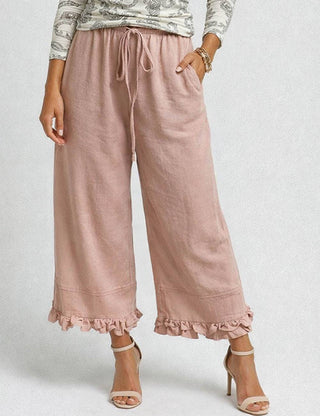 Elastic Waist Drawstring Ruffle Hem Wide Leg Pants