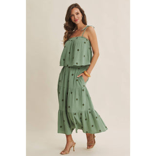 SUNSET FIELD EMBROIDERED COTTON GAUZE SMOCKED MIDI SKIRTS