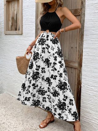 Halter Neck Cutout Maxi Dress with Floral Print Skirt