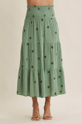 SUNSET FIELD EMBROIDERED COTTON GAUZE SMOCKED MIDI SKIRTS