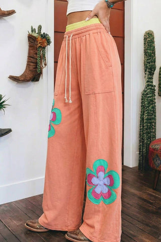 Flower Patched Drawstring Contrasted Elastic Waist Pants