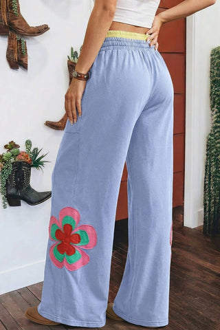 Flower Patched Drawstring Contrasted Elastic Waist Pants