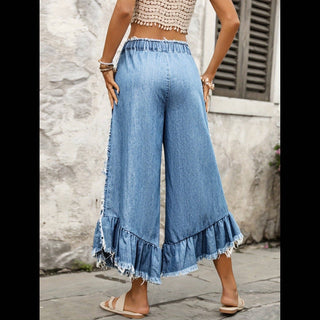 Tie Drawstring Elastic Waist Wide Leg Jeans
