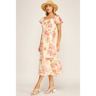FLUTTER SLEEVE FLORAL TIERED MIDI DRESS