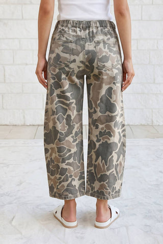 Camo Print Patch Pocket Cropped Wide Leg Jeans