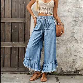 Tie Drawstring Elastic Waist Wide Leg Jeans