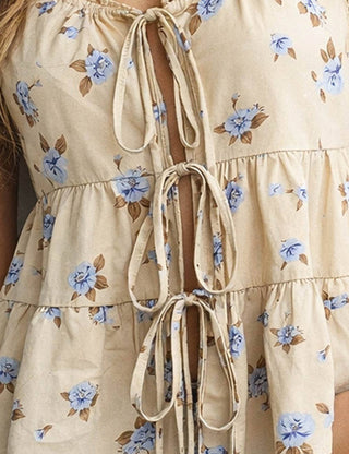 Ladies Boho Floral Print Tie Front Scoop Neck Sleeveless Top