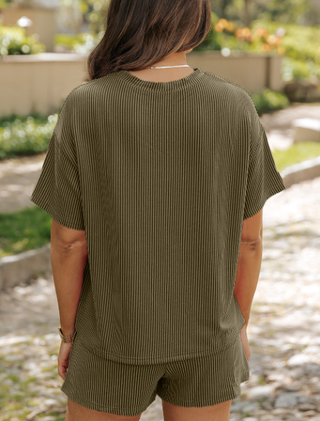 Orange Ribbed Textured Knit Loose Fit Tee Shorts Set