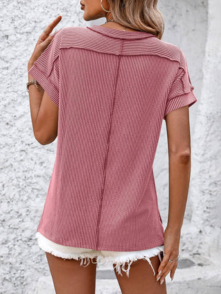 Backstitch Strip Short Sleeve Knit Casual T Shirts
