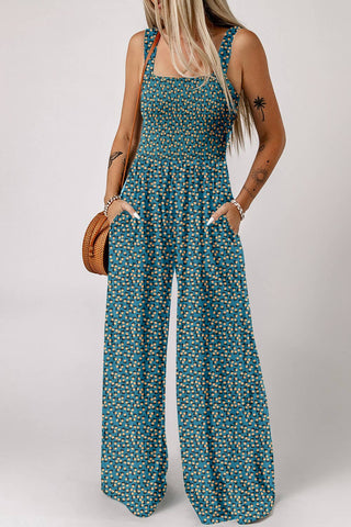 Boho Floral Print Smocked High Waist Square Neck Jumpsuit