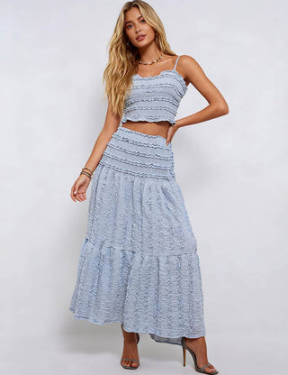 Ladies Romantic Wrinkle Ruffle Cami Top & Tiered Maxi Skirt Set