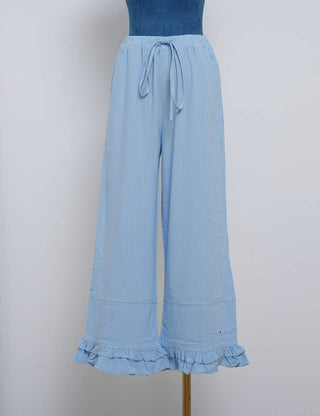Elastic Waist Drawstring Ruffle Hem Wide Leg Pants