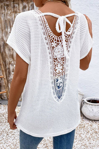 WHITE V-NECK HOLLOW SHORT-SLEEVED T-SHIRT TOP