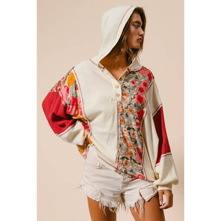 KNIT AND PRINT MIXED HOODIE TOP