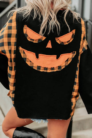 Halloween Pumpkin Face Plaid Patchwork Long Sleeve Top