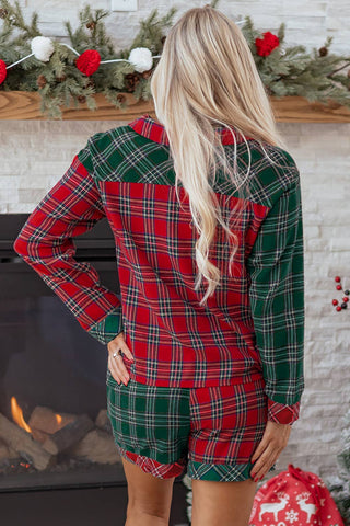 Plaid Patchwork Top and Shorts Pajama Set