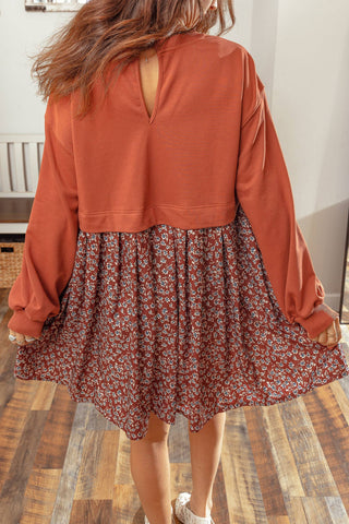Solid Top Patchwork Floral Flared 2-in-1 Mini Dress