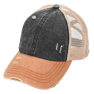 2 Tone Criss Cross Mesh Distressed Ponycap - Black/Camel