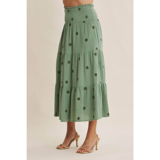 SUNSET FIELD EMBROIDERED COTTON GAUZE SMOCKED MIDI SKIRTS