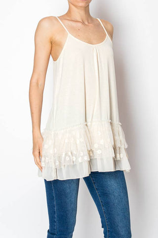 Adjustable Relaxed Cami Tank w/ Layered Ruffled Trim