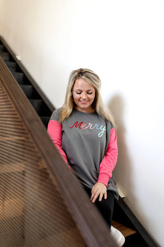 Merry 3D Embroidered Sweatshirt in Grey/Vintage Red