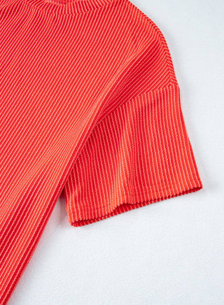 Orange Ribbed Textured Knit Loose Fit Tee Shorts Set