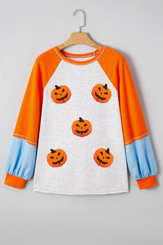 Chenille Pumpkin Halloween Color Block Long Sleeve Top