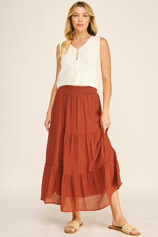 SMOCKED WAIST TIERED MAXI SKIRT