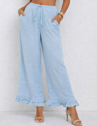 Elastic Waist Drawstring Ruffle Hem Wide Leg Pants